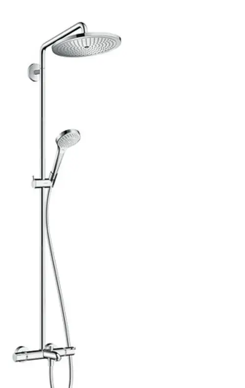 Hansgrohe Duschsystem mit Kopfbrause und Handbrause. Verchromte Oberfläche, integriertes Thermostat für Wanne. An der Wand montiert, schlichtes Design.
